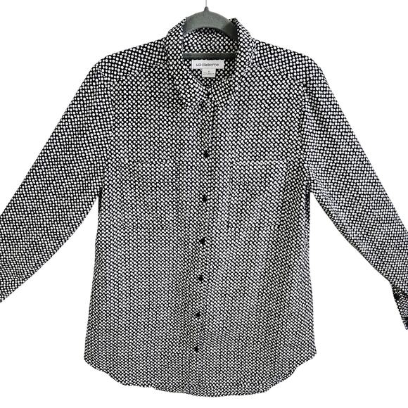 Liz Claiborne Women's S Long Sleeve Button Up Black White Polka Dot Twee Office - Picture 2 of 6
